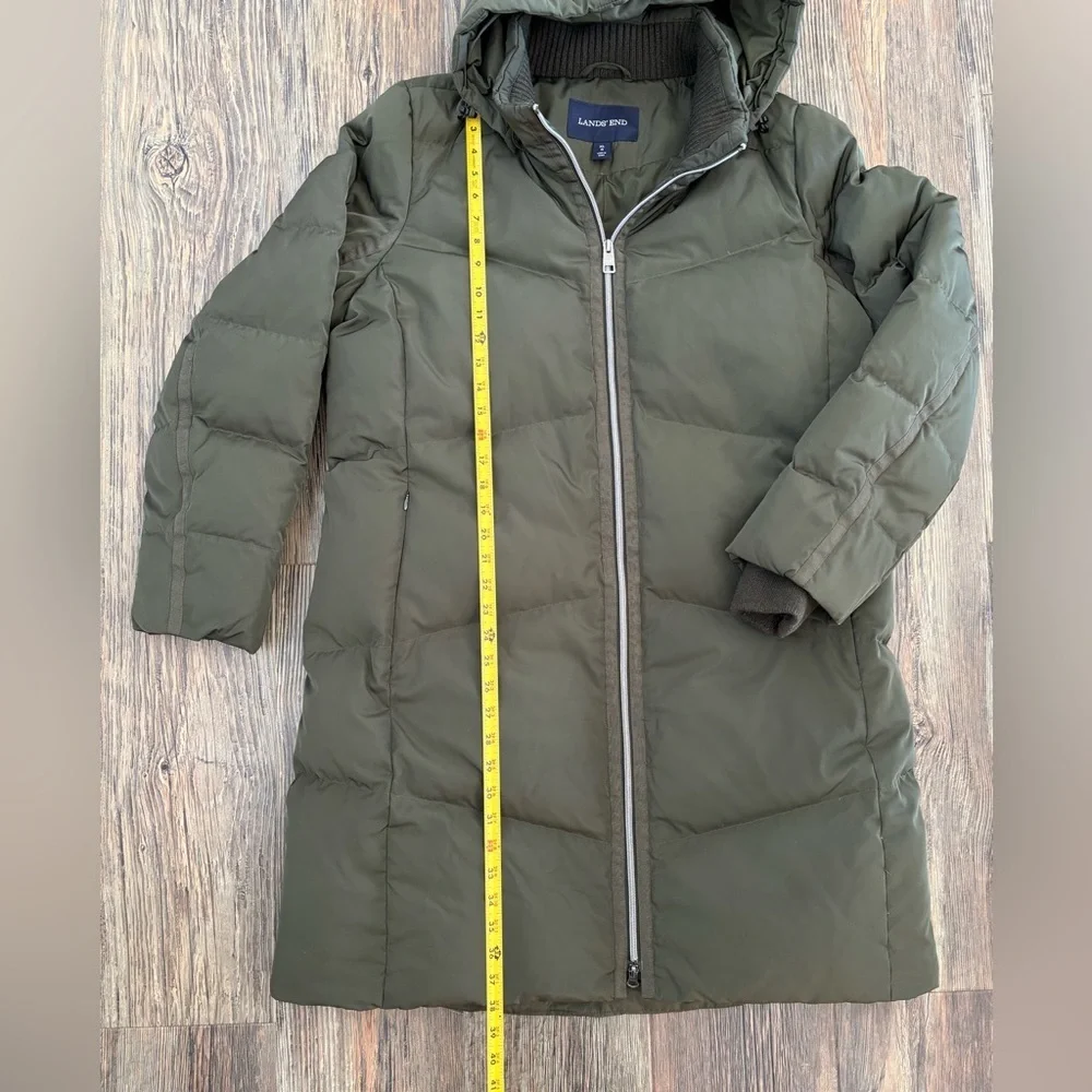 Lands’ End Hooded Quilted Down Puffer Jacket XL Olive Green 38” Long Two-Way Zip - Picture 5 of 14
